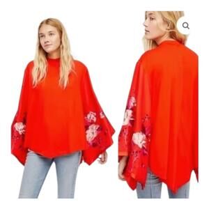 Free People Sydneys Tuesday Embroidered‎ Kimono Top in Fire Orange Red Sz Medium